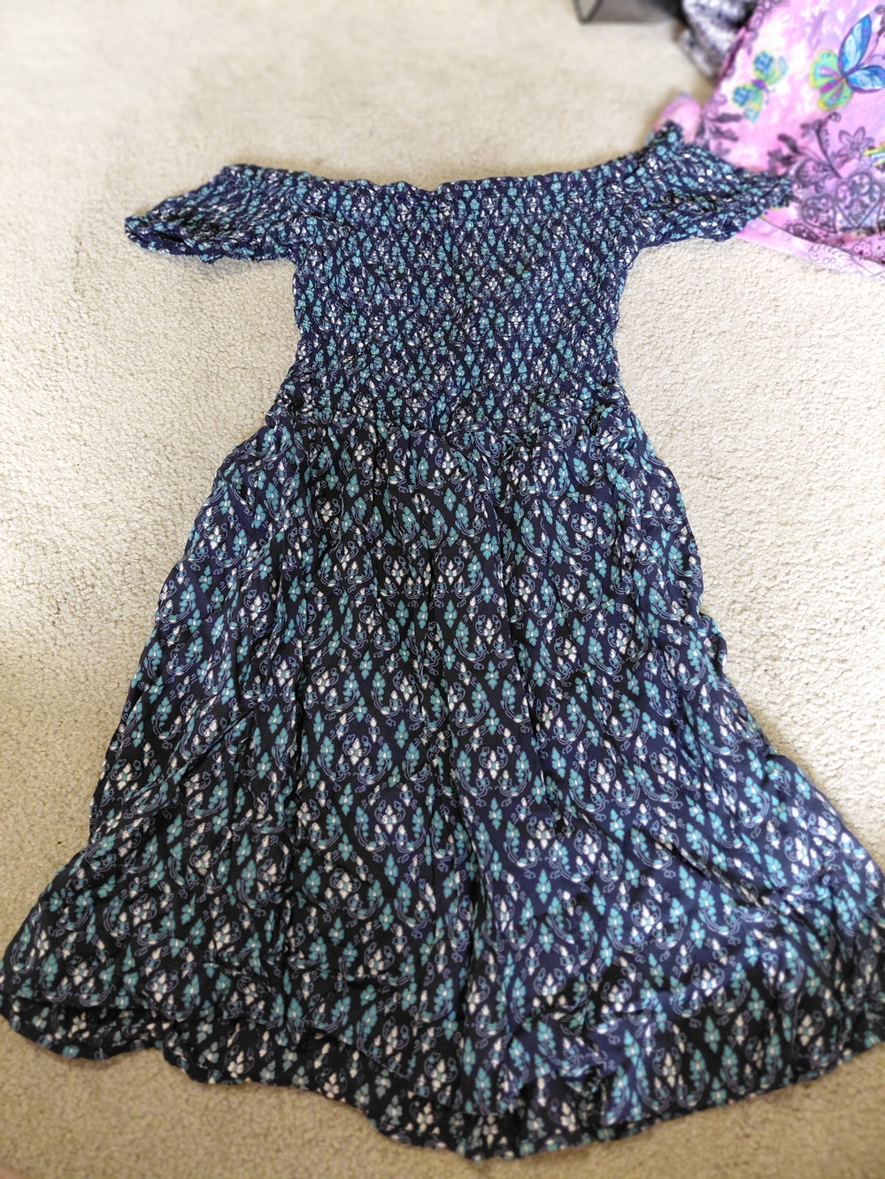 Hollister Navy Blue and Teal Floral Off-Shoulder Dress
